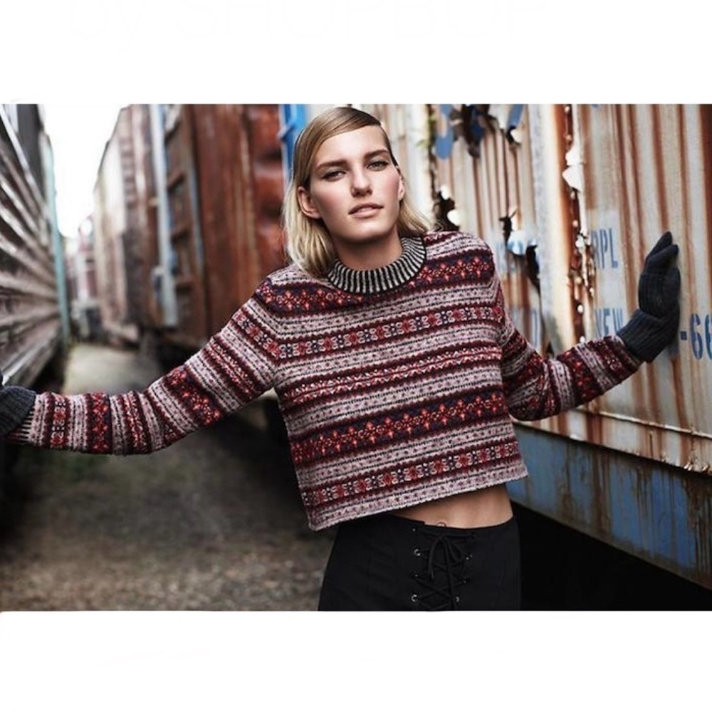 rag & bone Red and Gray Fair Isle Cropped Crewneck Sweater